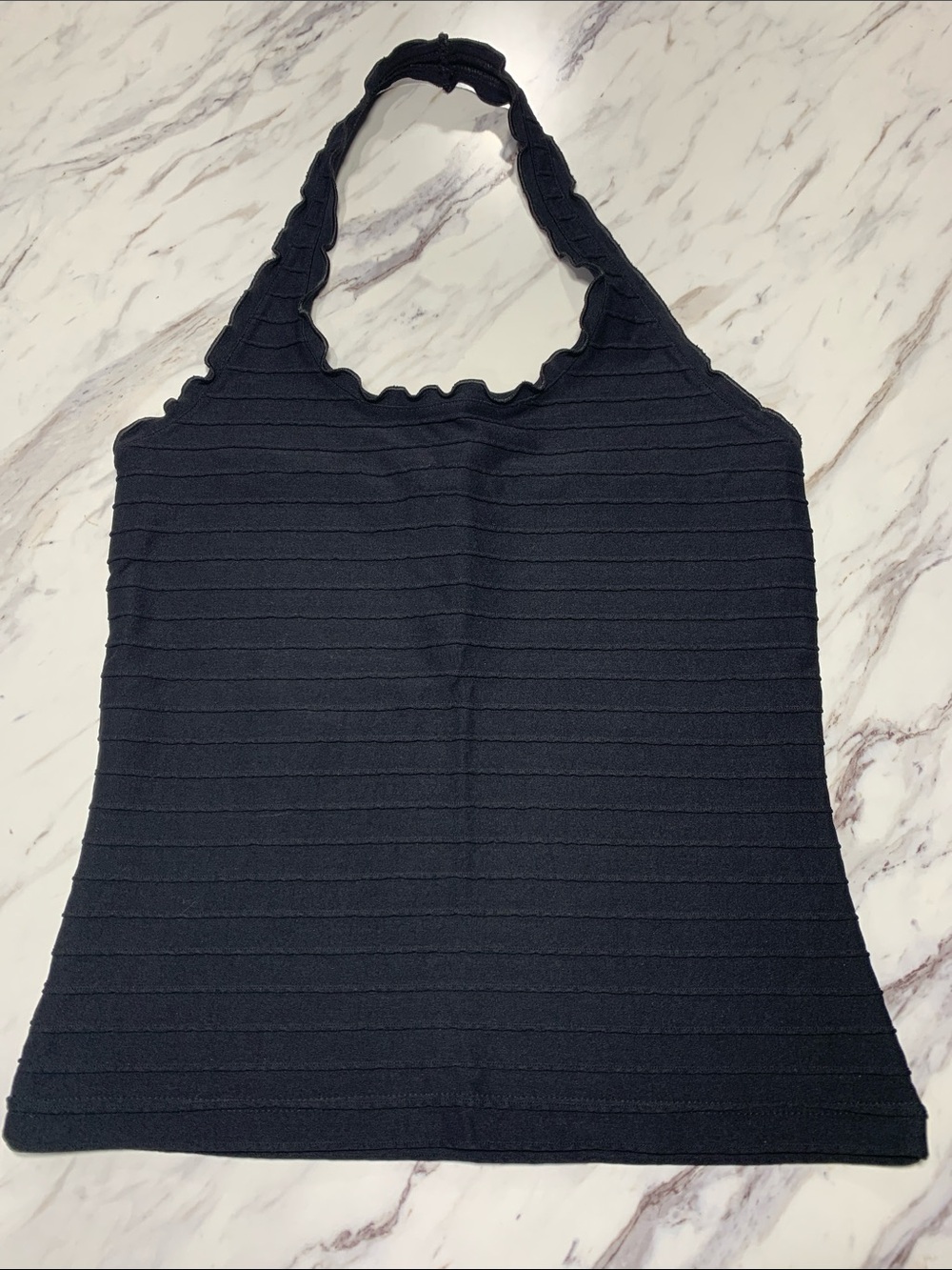 Black Ribbed Halter Tank Top with Scallop Neckline